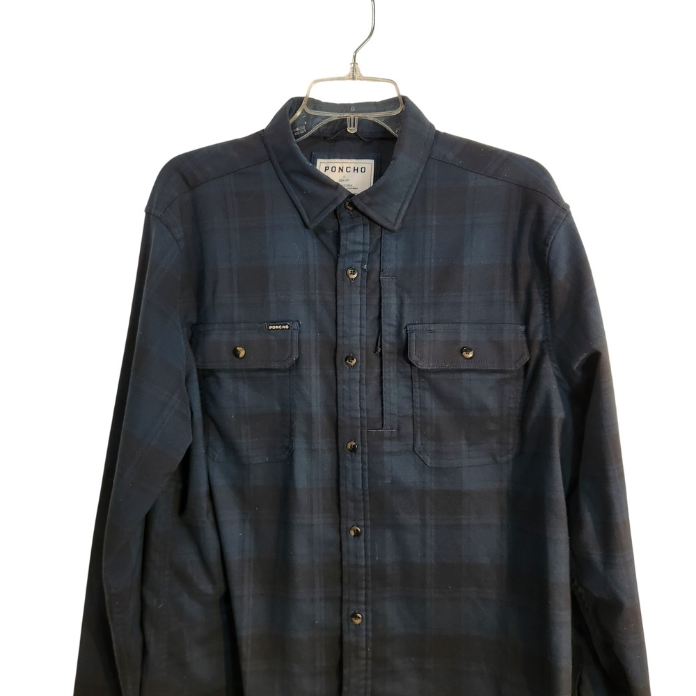 Poncho Outdoors Mens L Slim Fit Plaid Flannel Shirt Navy Blue Buttons Fall